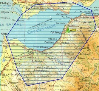 Νέος χάρτης εμβέλειας για την πόλη της Πάτρας. Πάνω δεξιά διακρίνεται η πόλη της Ναυπάκτου